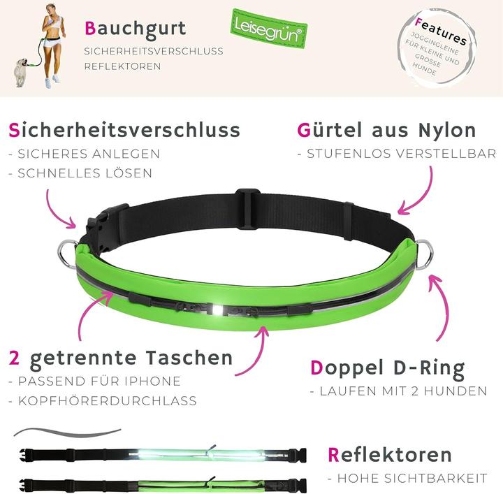 Actual product image Leisegrün Jogging- und Freihandleine inkl. Bauchgurt, Ruckdämpfer & faltbarem Fressnapf (Dog, Jogging)