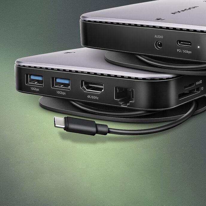 Produktbild Axagon HMC-UFO USB-C Hub, M.2 SATA/NVMe, 1 Gbit/s Ethernet, 384 kHz Audio - schwarz/silber (USB-C, 1 Port)