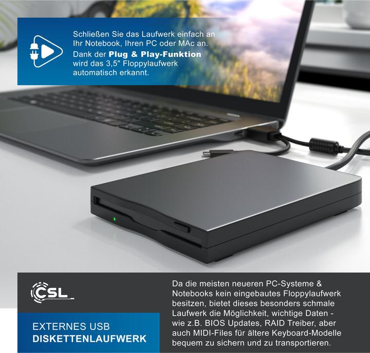Produktbild CSL Externes Diskettenlaufwerk, USB-A/C Schnittstelle, Plug and Play, kompatibel mit Windows, Floppy