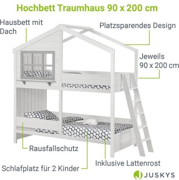Immagine prodotto Juskys Casa dei sogni con letto a soppalco per bambini con tetto e scala (90 x 200 cm)