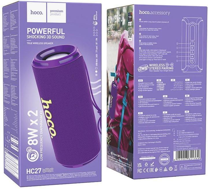 Image du produit Hoco HC27 Soundful Haut-parleur portable Blutooth/ FM/ Carte TF/ Clé USB/ AUX 2 x 8 W Violet (2 h)