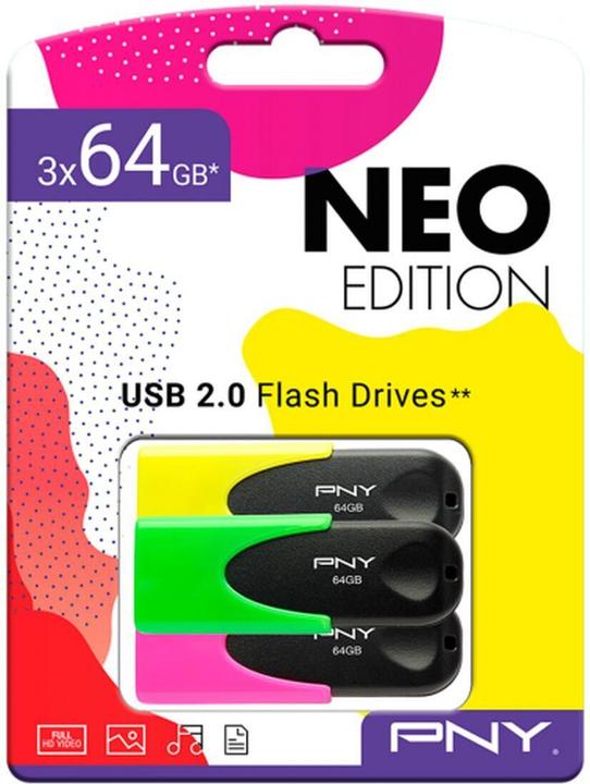 Produktbild PNY 3 USB-Sticks NEO Edition gelb, grün, pink 64 GB (64 GB, USB-A)
