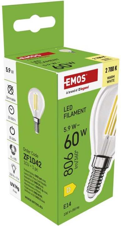Immagine prodotto Emos Lampada LED Filament Mini Globe / E14 / 5,9 W (60 W) / 806 lm / Bianco caldo (E14, 806 lm, 1 x)