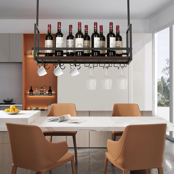 Actual product image En.Casa Weinregal mit Glashalterung Borejle 80x30x65 cm Schwarz/Walnussoptik