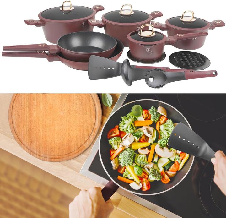 Immagine prodotto BerlingerHaus Set da cucina con utensili e sottopentola, 15 pezzi, bordeaux (24 cm, Set di pentole e padelle da cucina, Alluminio)