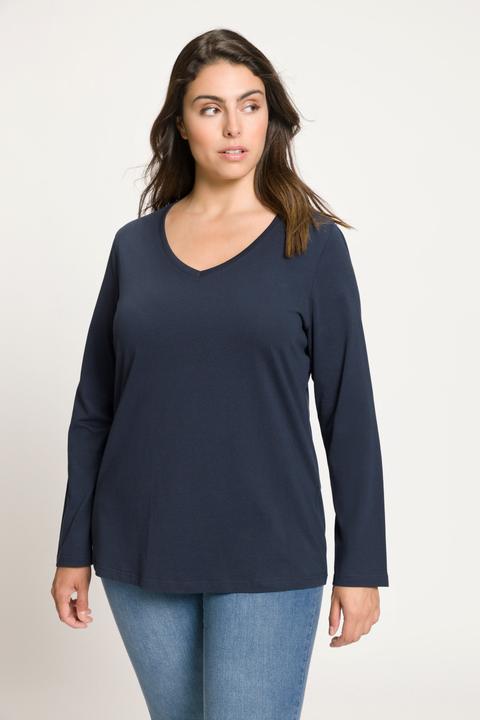 Actual product image Ulla Popken V-Neck Long Sleeves Slim Fit Cotton Knit Tee (58)