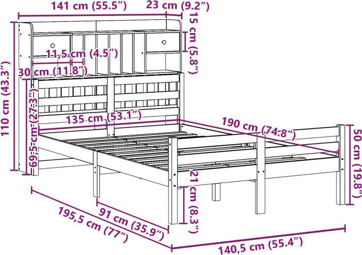 Produktbild vidaXL Bett mit Regal (135 x 190 cm)