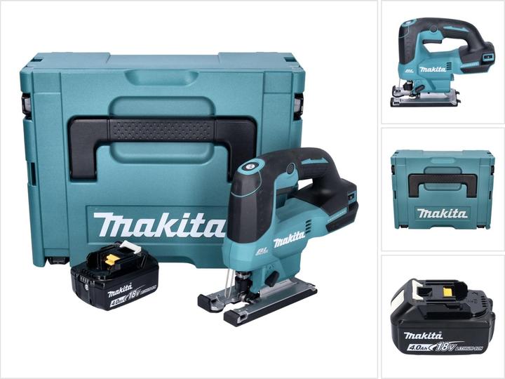 1x Makita DJV 184 cordless pendulum action jigsaw, 1x plastic glide shoe, 1x jigsaw blade B-50 wood, 1x Makita BL 1840 B 18 V 4.0 Ah battery, 1x Makita Makpac case, 1x universal insert, without charger