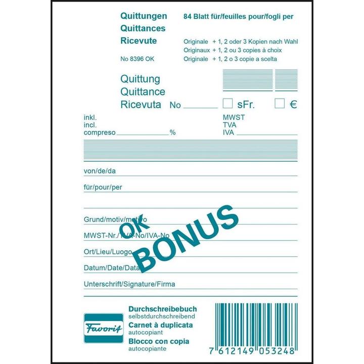 Energie-Label Favorit Durchschreibebuch OK Bonus Quittungen (84 x)