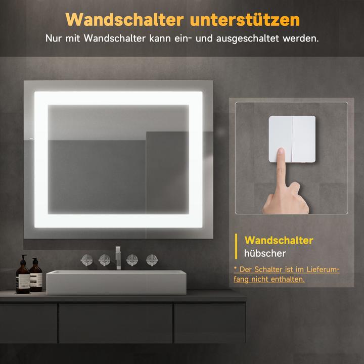 Produktbild SONNI LED beleuchteter Badezimmerspiegel, 60 x 50 cm, Kaltweiss, Wandschalter, IP44 (60 x 50 x 100 cm)