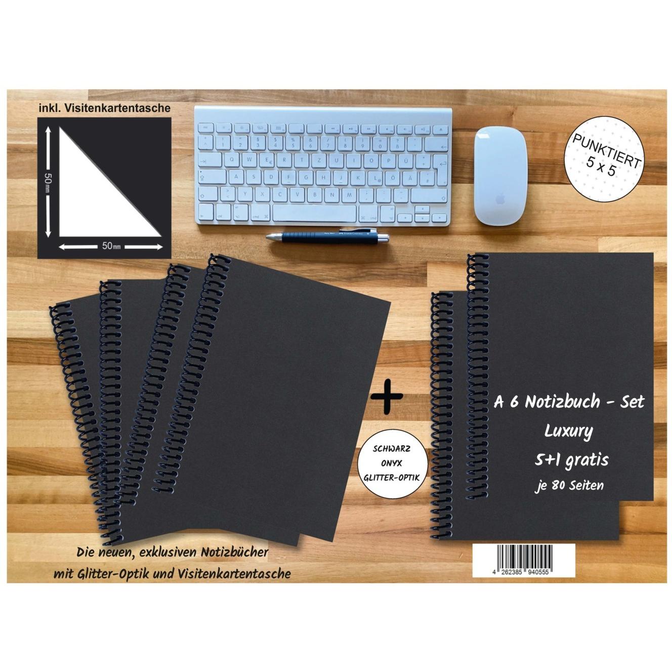 Thumbnail - E & Z, Heft + Block, A 6 Notizbuch - Set, 4+2 gratis, Luxury 80 Seiten SCHWARZ ONYX GLITTER-OPTIK, punktiert 5x5mm (A6)