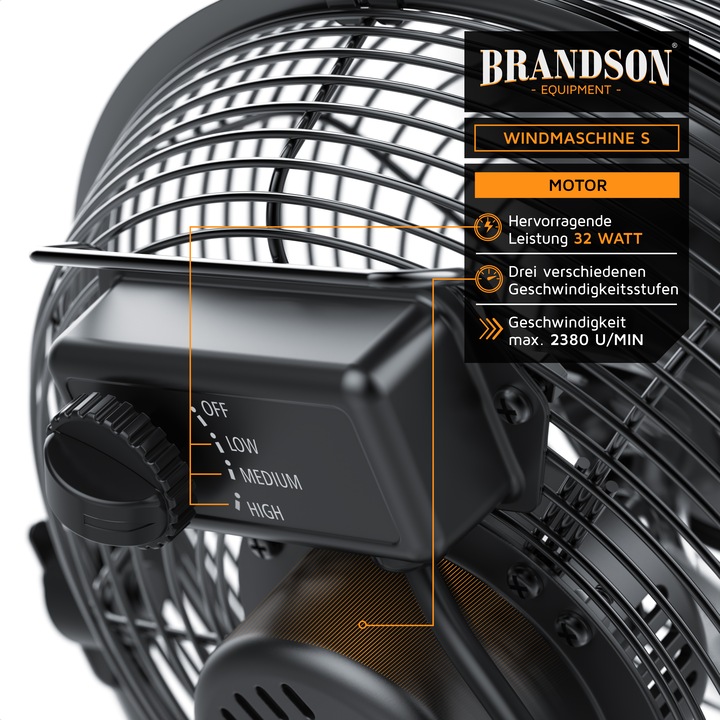 Produktbild Brandson Windmaschine 23,5cm Ø, Bodenventilator, Metall, neigbarerer Ventilator-Kopf, Lüfter, schwarz (55 dB)