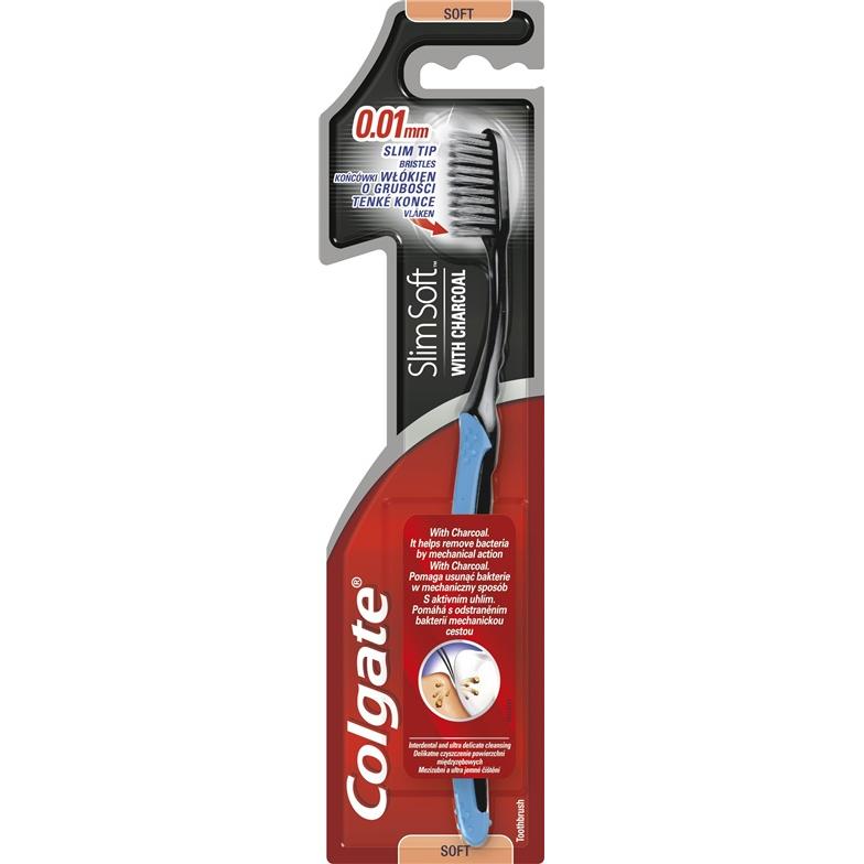 Colgate, Spazzolino manuale, Spazzolino da denti Slim Soft Charcoal - Spazzolino morbido ai carboni attivi