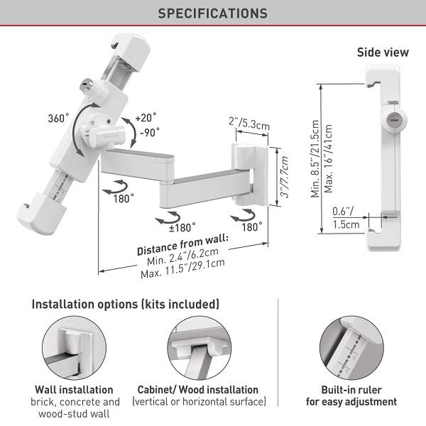 Image du produit Barkan Support mural pour tablette 7-14", verrouillable, blanc