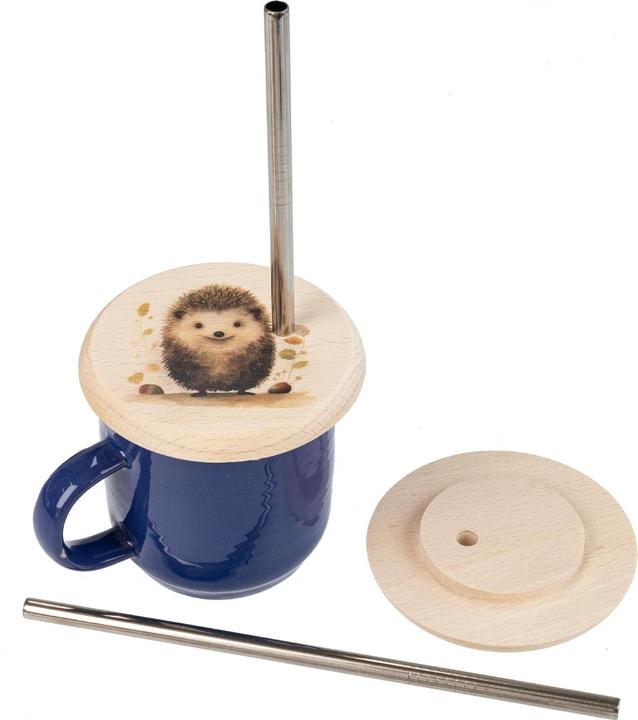 Actual product image La Mia! Beech wood drinking glass cover with stainless steel straw - with colourful animal motifs (Glass cover)