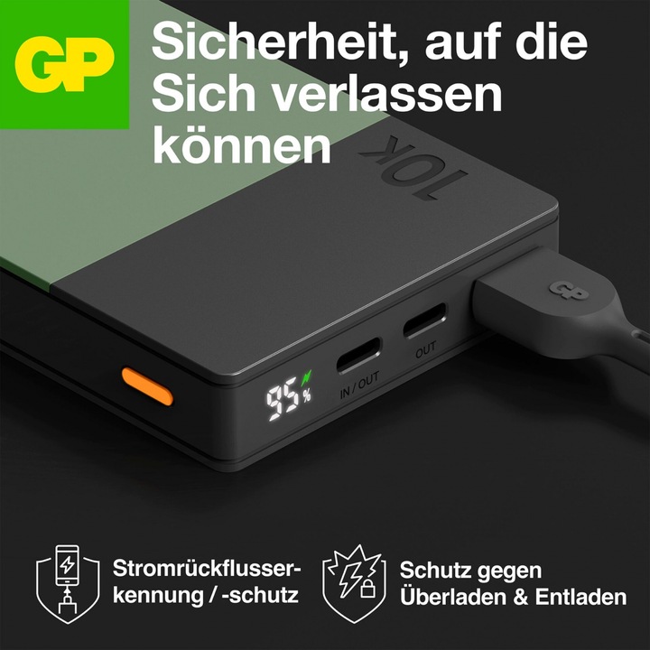 Produktbild GP Batteries GP PowerBank M2+ 10C 10000mAh 2xUSB-C/1xUSB-A grün LED-Anzeige (10000 mAh, 22.50 W, 37 Wh)