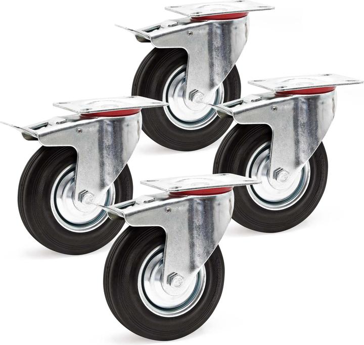 Image du produit Wiltec Kit 4x roulettes pivotantes Charge lourde Double arrêt Caoutchouc plein 125mm Frein 100kg/roue Trans