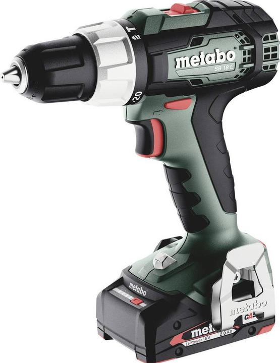 SB 18 L Akku-Schlagbohrschrauber, Schnellspannbohrfutter, Gürtelhaken und Bitdepot, 2 LiPOWER Akkupacks (18 V/2,0 Ah), Ladegerät SC 36, metaBOX 145, Anleitung