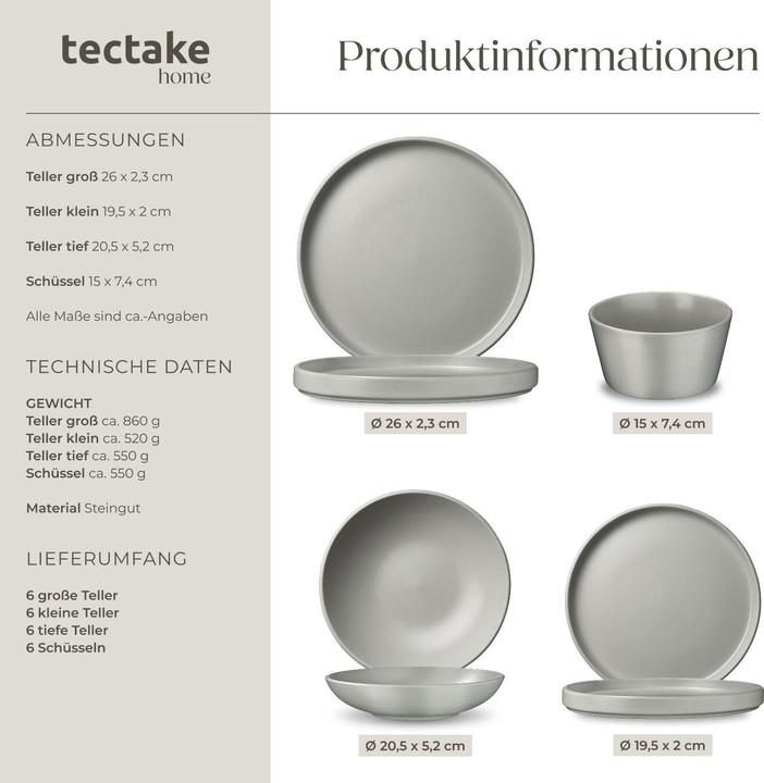 Image du produit tectake Service de vaisselle UNA en grès pour 6 personnes (24 pcs)