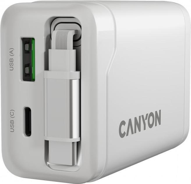 Actual product image Canyon Adapter charger OnCharge 65RC Build-In Cable USB-C 65W 1xPD 1xQC EU White (65 W, 2 ports)