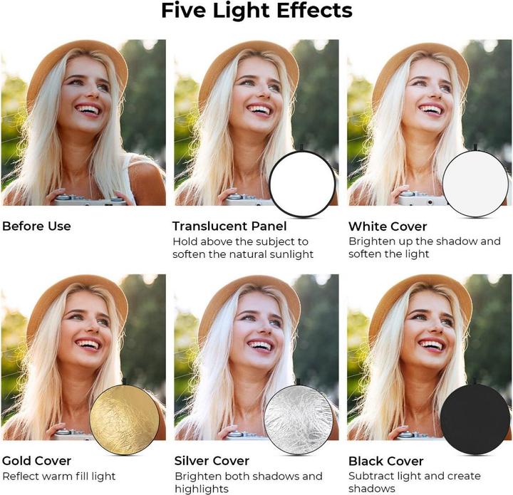 Productafbeelding K&F Concept 5 in 1 Circulaire Fotografie Reflector 80cm Goud Sliver Zwart Wit Doorschijnend Paneel Vijf Ligth