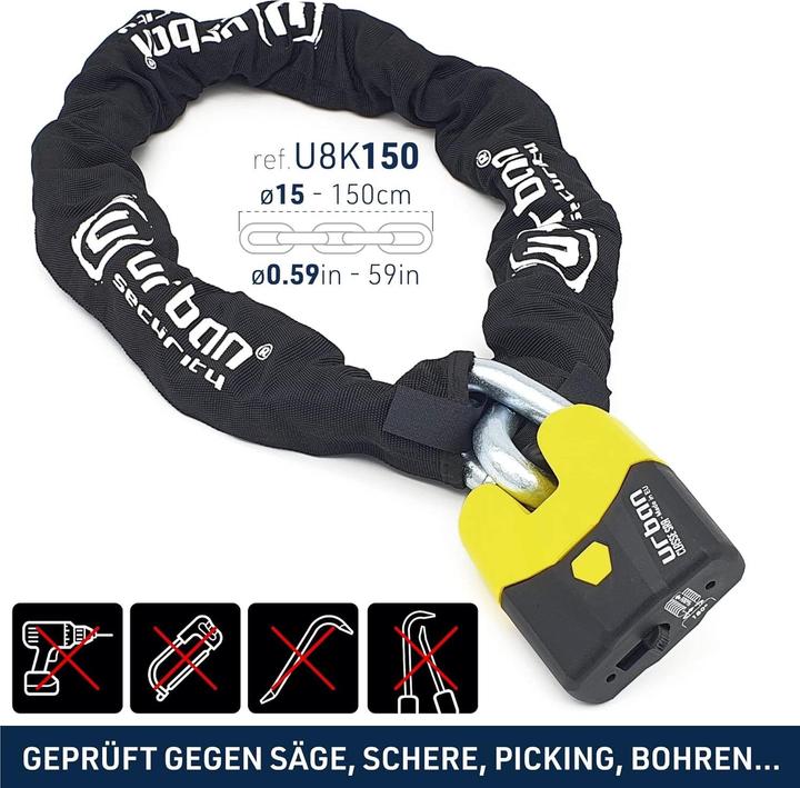Immagine prodotto Urban Security U8K150 High Security AntiTheft Chain padlock approved CLASSE SRA 15 150cm Made in EU (150 cm)