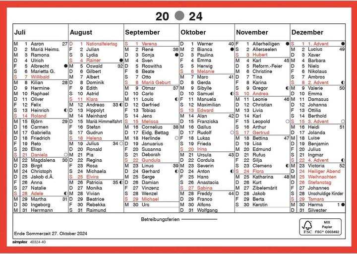 Simplex Wandkalender 2024 4032440.2 A5,rot/weiss,d (A5, Deutsch)