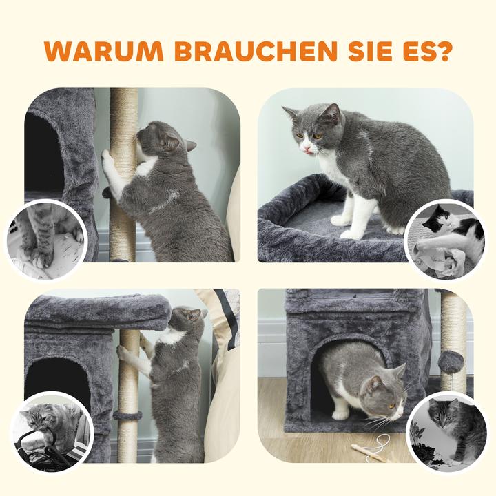 Produktbild PawHut Kratzbaum Spanplatte, Polyester Dunkelgrau (66 cm, Cremeweiss, Dunkelgrau)