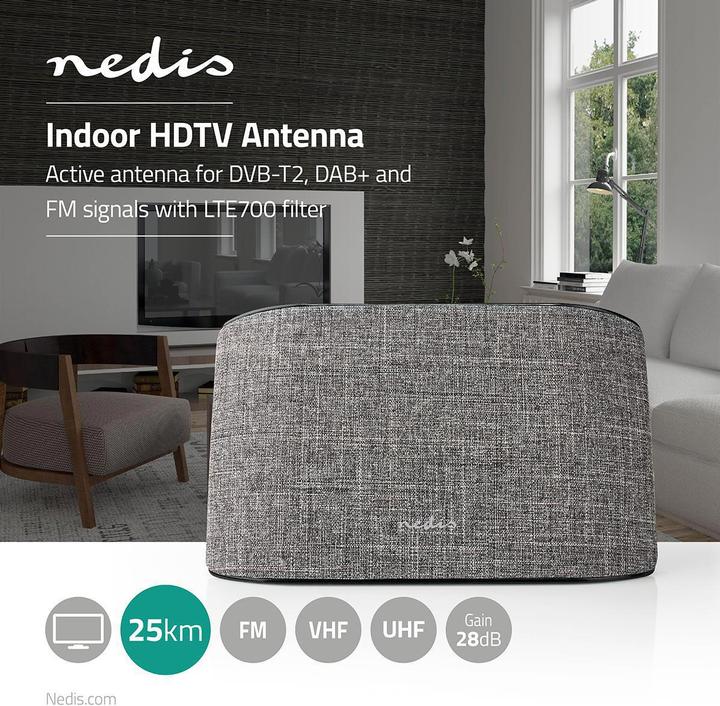 Produktbild Nedis Innenantenne Aktiv FM/UHF/VHF Empfangsbereich: 0-25 km LTE700 Verstärkung dBi (bei Antennenkab (Zimmerantenne, 28 dB, DVB-T / -T2, DAB/ DAB+, UKW / MW / LW)