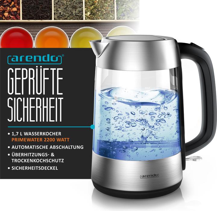 Produktbild Arendo Frühstücks Set, Glas Wasserkocher 1,7l, 2-Scheiben Langschlitz Toaster mit Brötchenaufsatz, Silber (1.70 l)