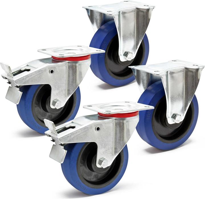 Wiltec Kit Roulettes 160mm 300kg/roue 2x Pivotantes avec frein 2x Fixes Charge lourde Plaque Support Transp