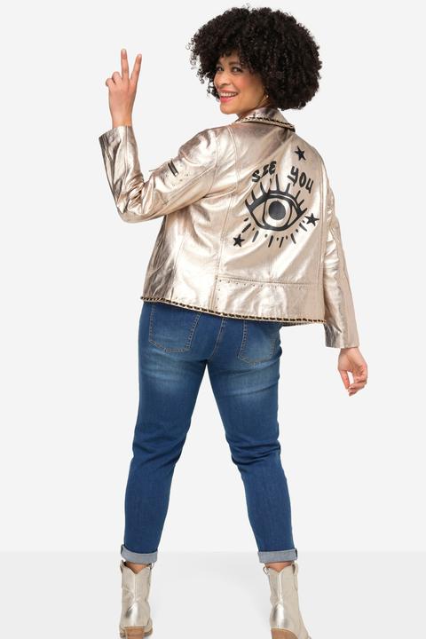 Actual product image Angel of Style Embroidered Back Leather Biker Jacket in Real Leather with Golden Coating (52)