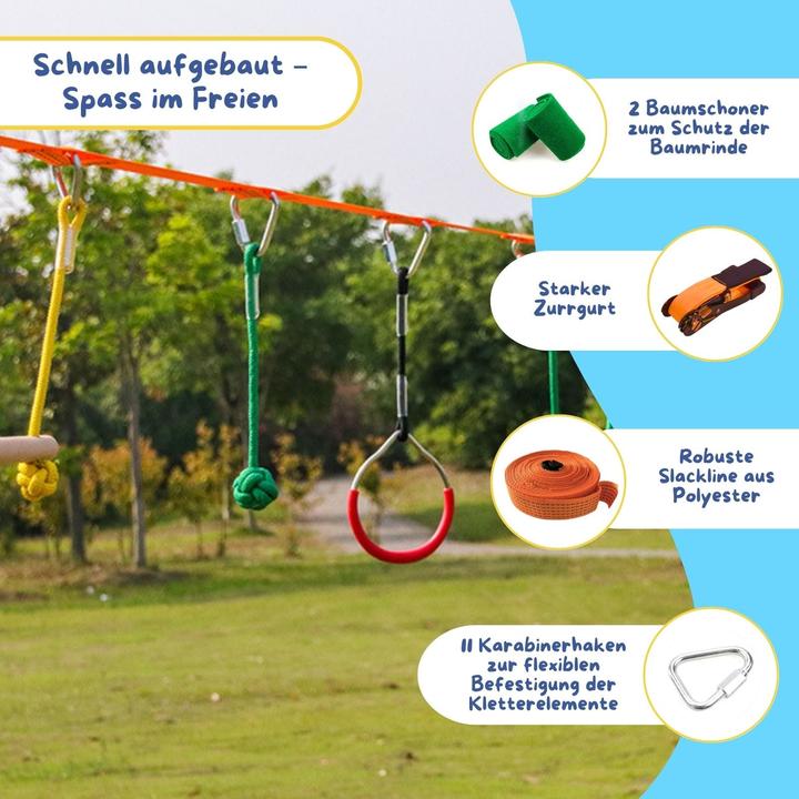 Produktbild Hermex Slackline-Set für Kinder Kletterseil-Set Hangel-Set Hindernisparcours (15 m)