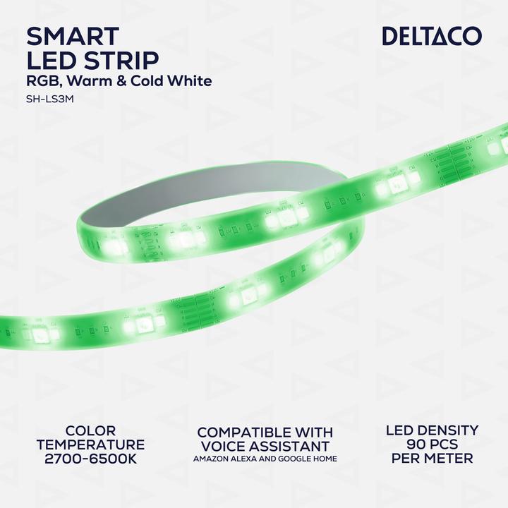 Actual product image Deltaco LED strip, 3 meter, RGB, 2700K-6500K, white (RGB, 300 cm, Indoor, Outdoor)