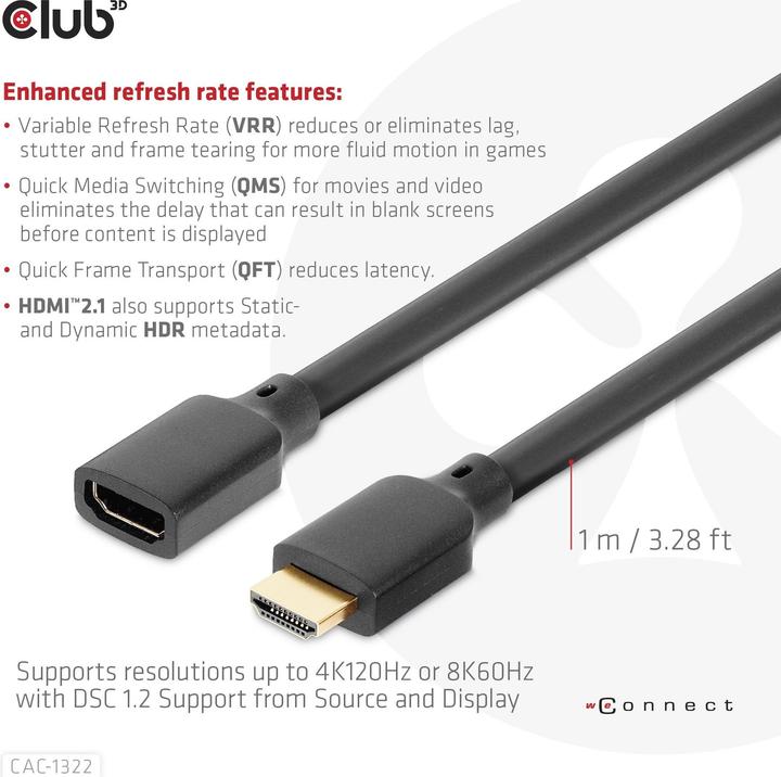 Image du produit Club 3D HDMI (type A) - HDMI (type A) (1 m, HDMI, 2.1)