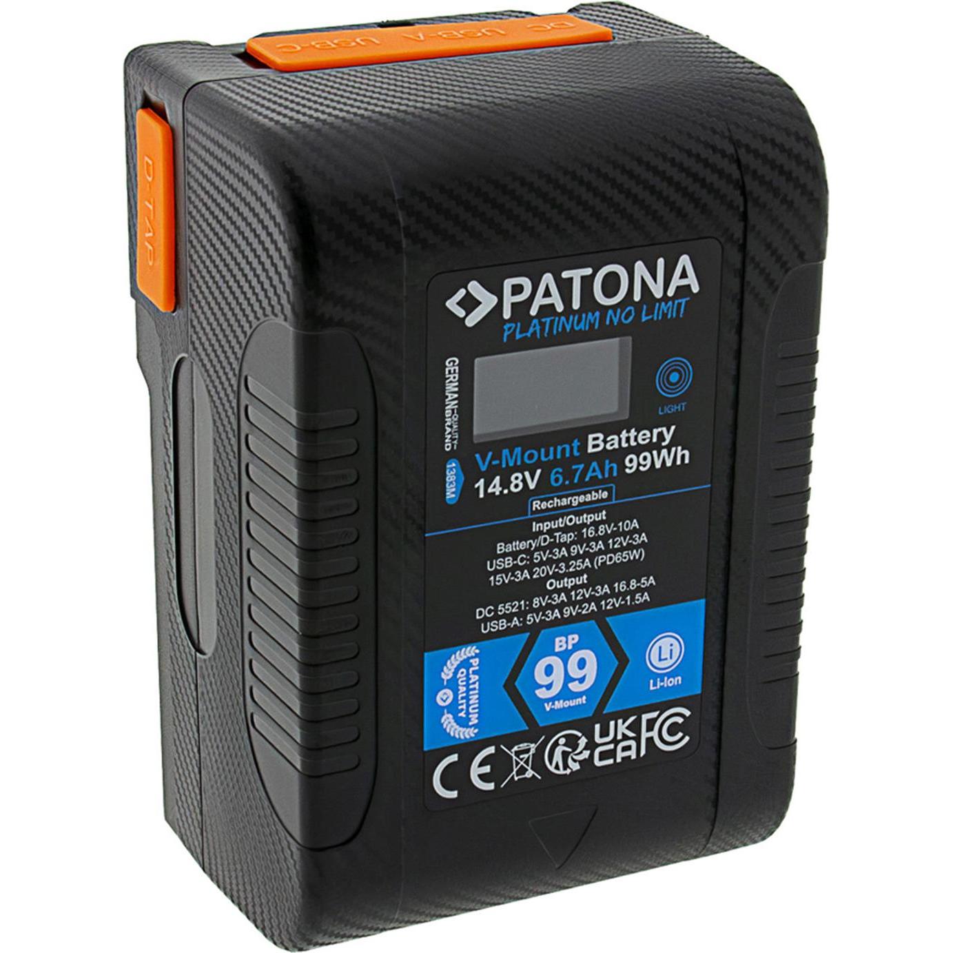 Patona Platinum V-Mount BP-99W (Batteria della fotocamera), Alimentatore fotocamera, Nero