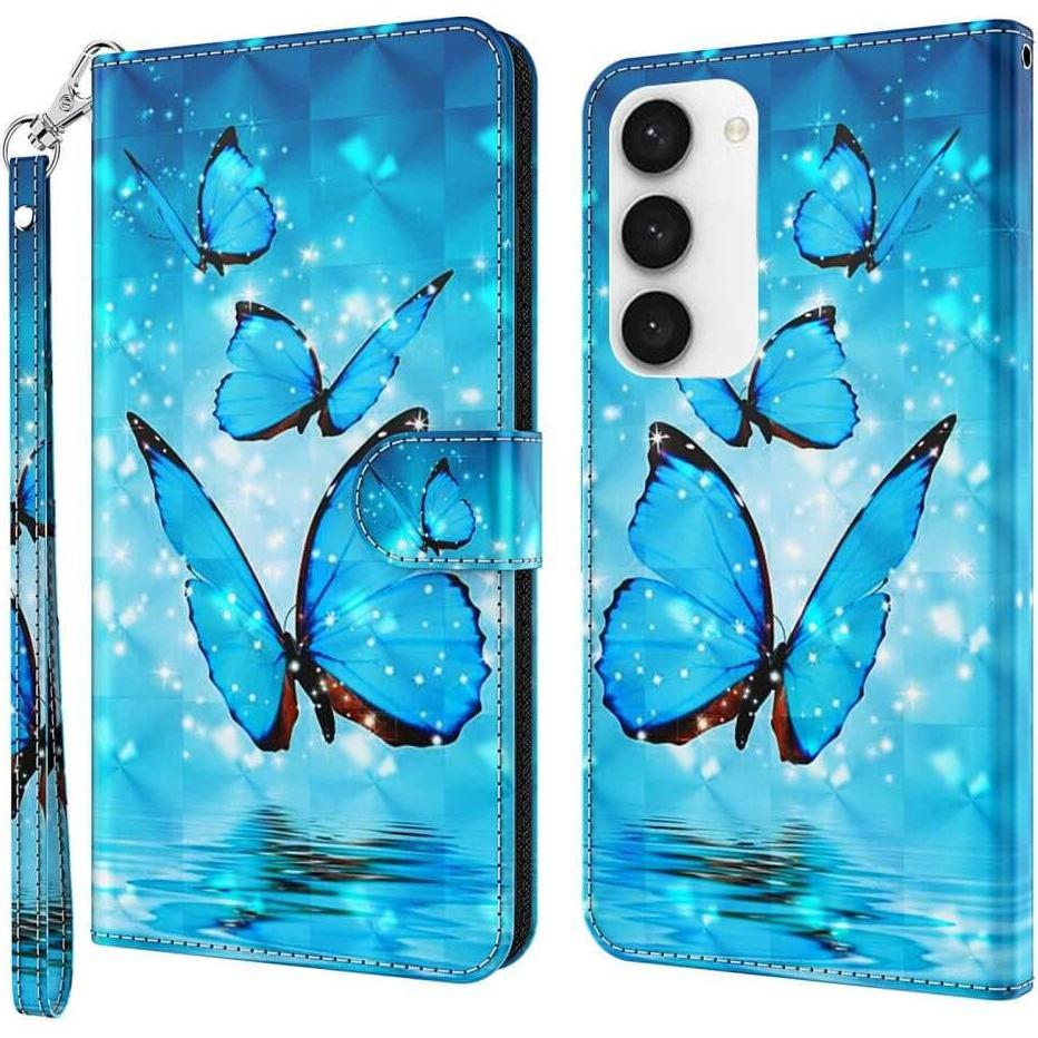 Cover-Discount Galaxy S23+ - Etui Glitzer Effekt Schmetterling blau (Samsung Galaxy S23+), Smartphone Hülle, Blau
