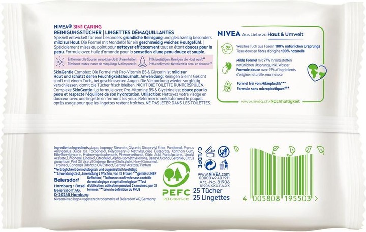 Nutritional values and ingredients NIVEA 3in1 Nourishing wipes (Cleaning cloths, 25 ml)