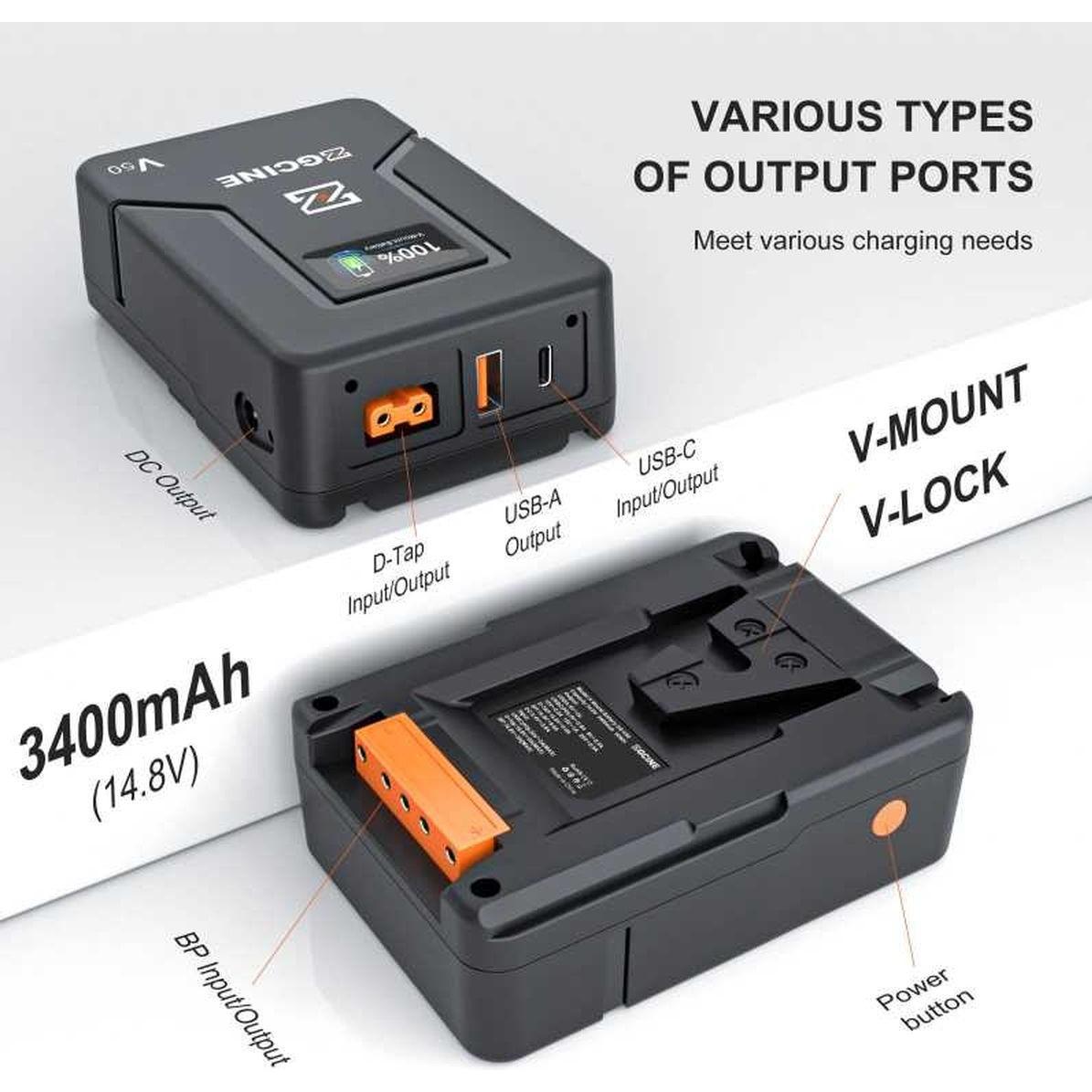 ZGCine V-Mount Battery 50WH V-Series (ZG-V50) (27ZGV500000000) (Batteria della fotocamera), Alimentatore fotocamera, Nero