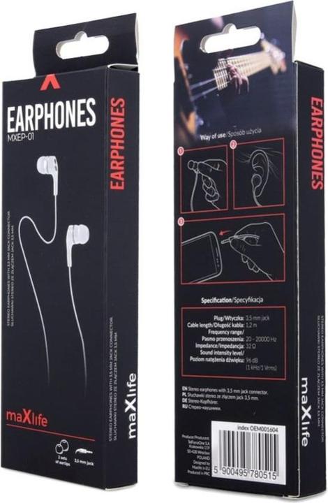 Produktbild Maxlife Kabelgebundene Kopfhörer MXEP-01 Klinke 3,5mm weiss (Passive Geräuschunterdrückung, Kabelgebunden)