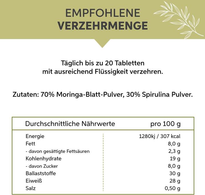 Valeurs nutritives et ingrédients Eltabia Moringa en comprimés (1000 pièce(s), Cachets)