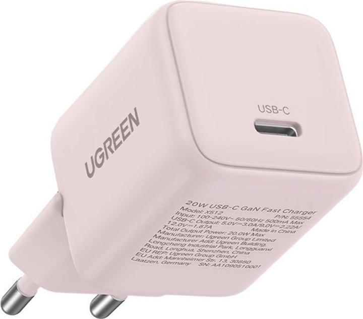 Actual product image Ugreen - Wall Charger X512 (55556) - USB-C, GaN, Fast Charging, 20W, PD3.0, QC4, 3A - Pink (20 W)