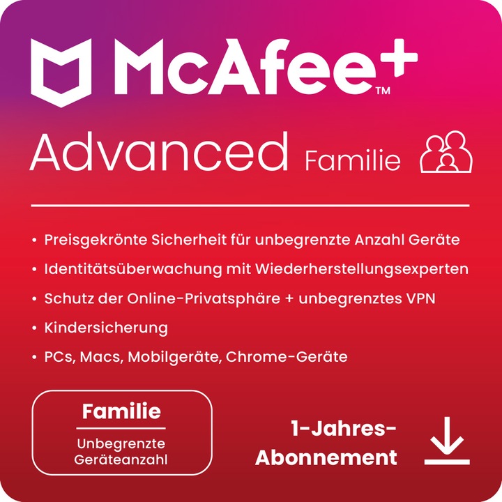 McAfee + Advanced - Familie (Unbegrenzte Anzahl von Geräten) (1 Utente, 1 Dispositivi/Utenti, 12 mesi)