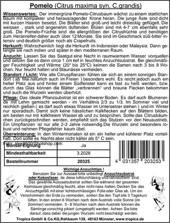 Nährwerte und Zutaten Tropica Pomelo Citrus maxima syn. C.grandis (Früchtesamen)
