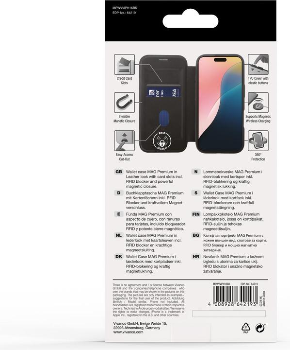 Image du produit Vivanco MAG PREMIUM Wallet pour iPhone 16, noir, 2.0m Drop-Protection, MagSafe Suport (Apple iPhone 16)