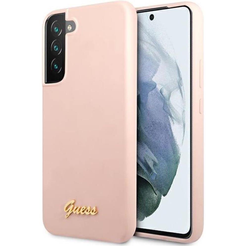 Guess Silicone Script Metal Logo Case für Samsung Galaxy S23 - pink (Samsung Galaxy S23), Smartphone Hülle, Pink