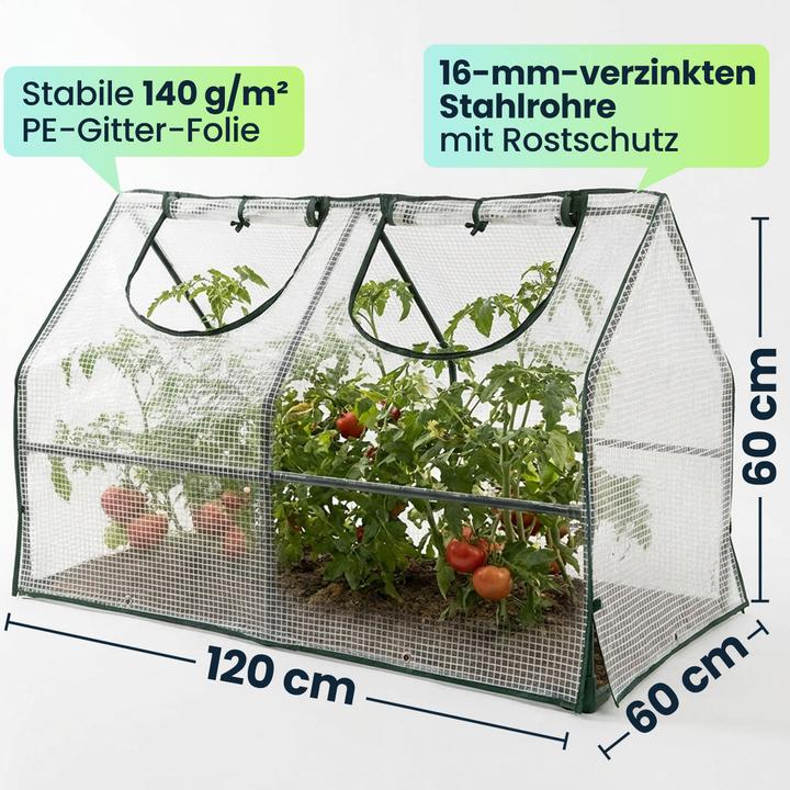 Produktbild Ideoon Folien-Gewächshaus 120x60x60 cm, Tomatenhaus mit A-Dach, 16mm verzinkter Stahl, 140g/m² PE-Folie