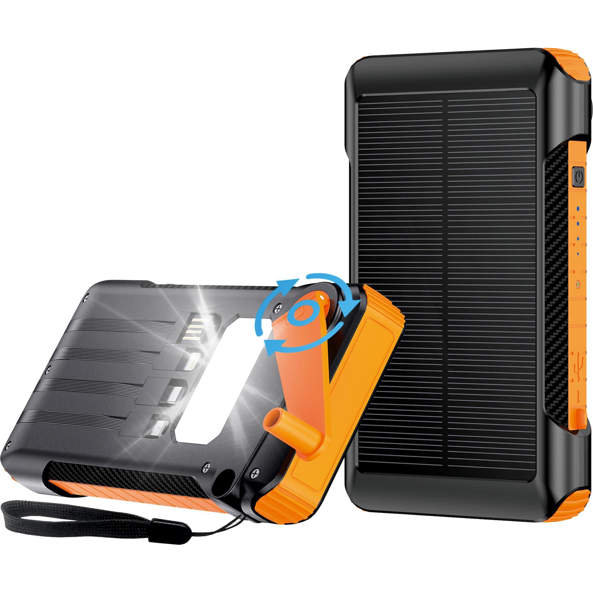 2GO Banca di energia di emergenza da 10000mAh con ricarica solare e a manovella. (10000 mAh, 37 Wh), Powerbank, Arancia, Nero