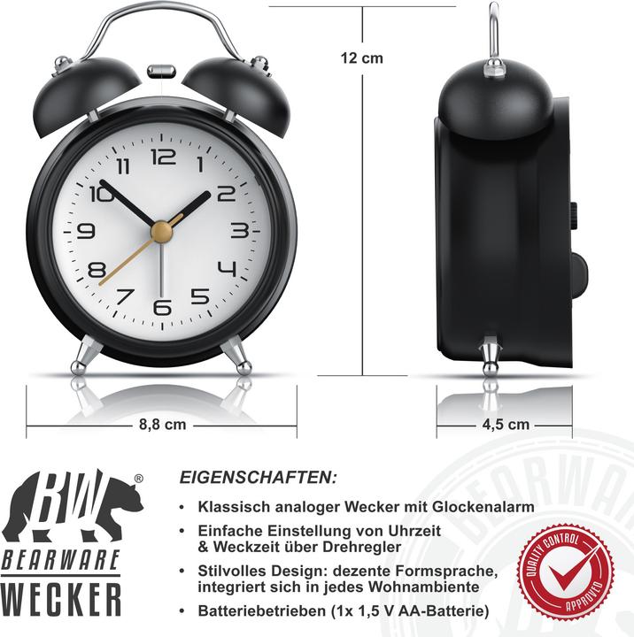 Produktbild Bearware Analoger Wecker klassisches Design, ohne Ticken, lauter Weckton, Batteriebetrieb, metall, schwarz