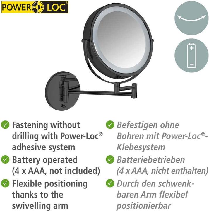 Productafbeelding Wenko Power-Loc® LED Wandspiegel Mod. Lumi Schwarz mit 5-fach Vergrösserung